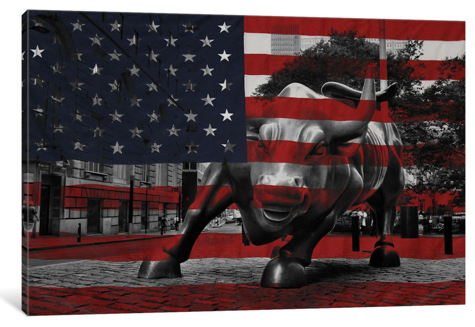 "New York - Wall Street Charging Bull, US Flag" by iCanvas, 40x26x1.5"
