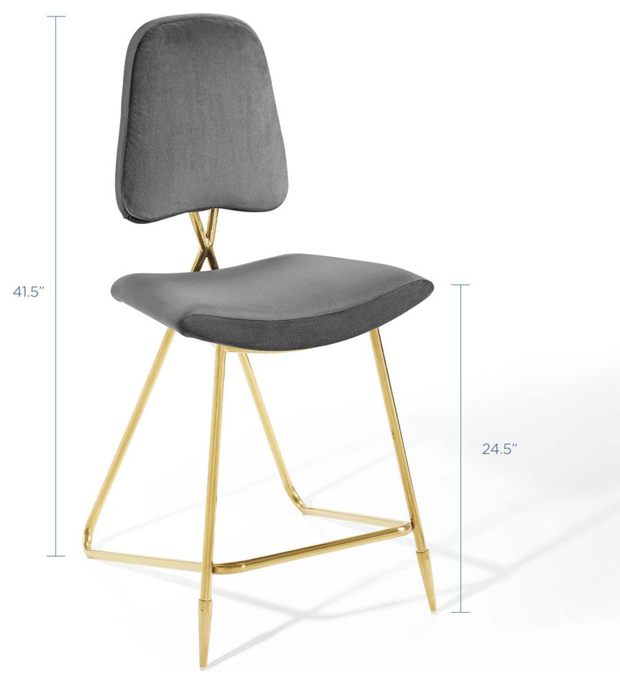 Counter Stool Chair, Set of 2, Velvet, Metal, Gray, Modern, Bar Pub Bistro