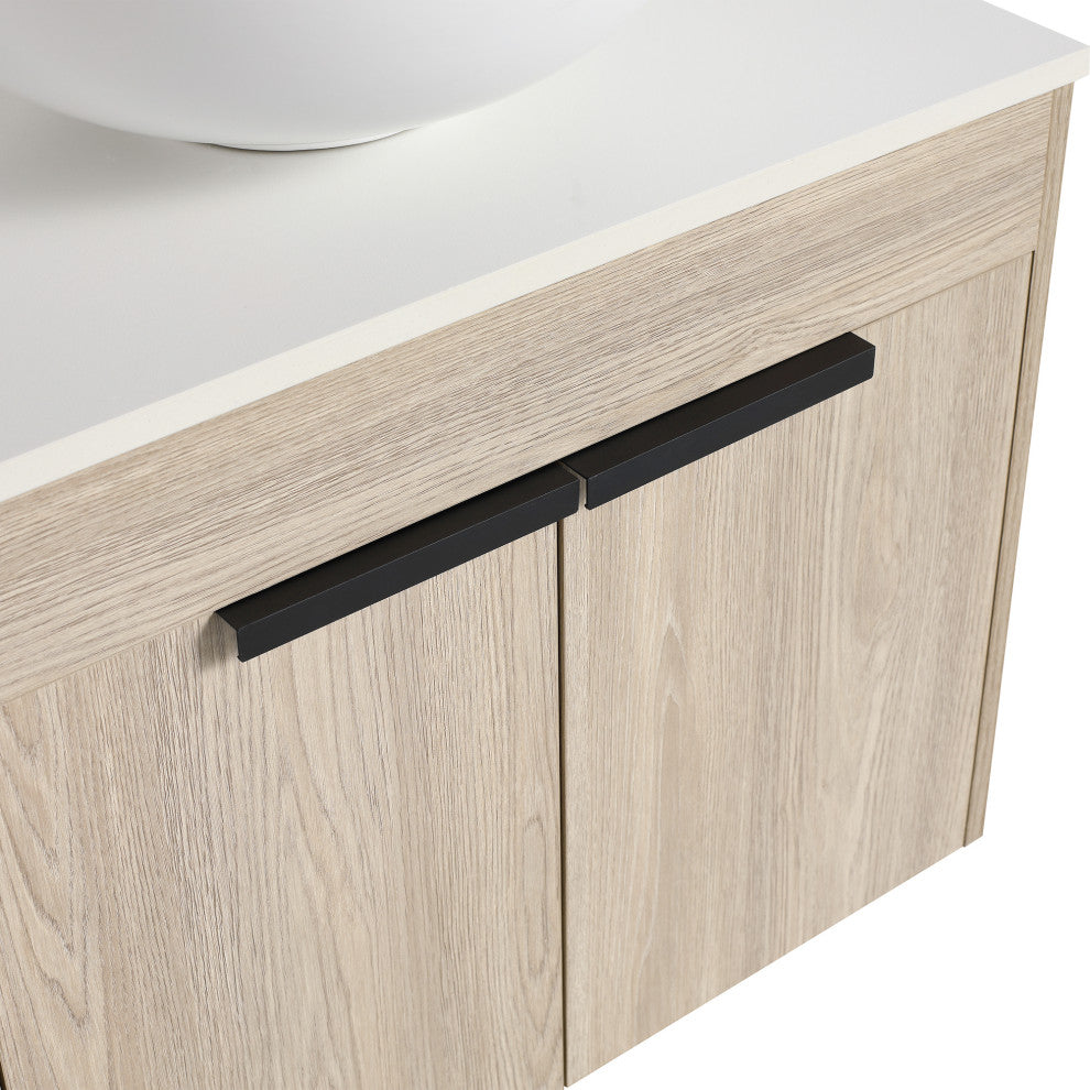 Wall-Mounted Bath Vanity, White Oak, White Ceramic Vessel Sink