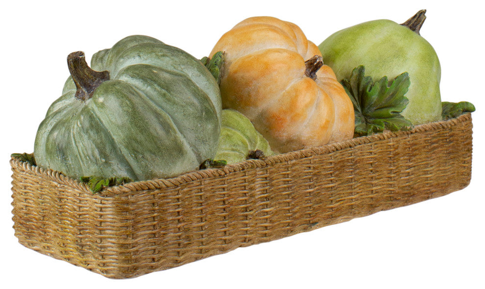 15" Faux Rattan Basket With Pumpkins Thanksgiving Table Top Decoration