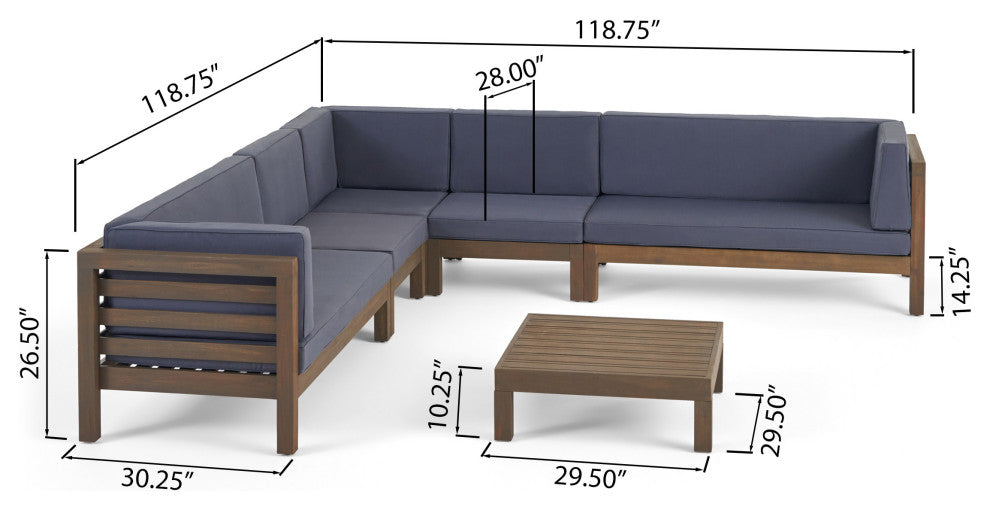 Emma Outdoor 7 Seater Acacia Wood Sectional Sofa Set, Dark Gray