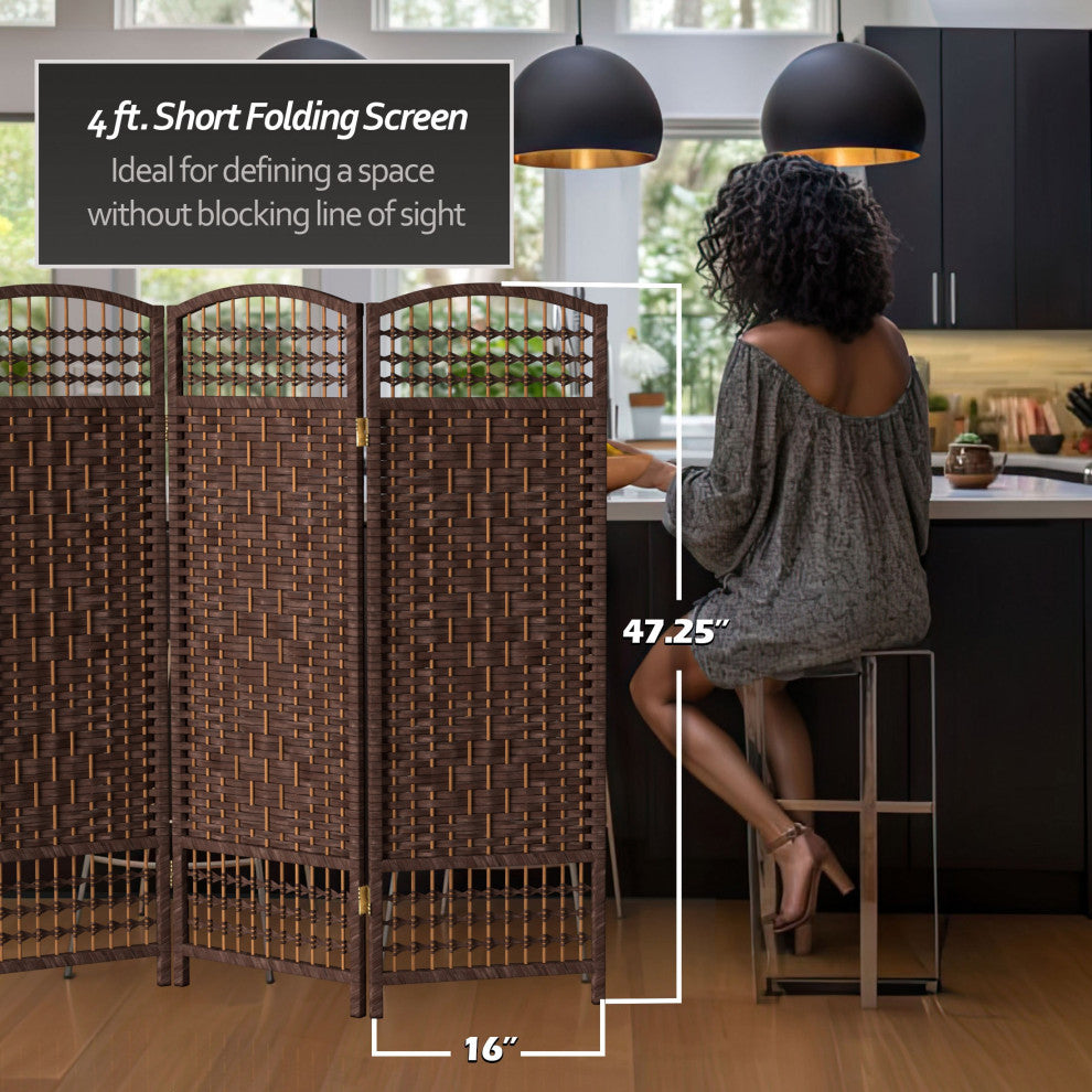 4' Tall Fiber Weave Room Divider, Dark Mocha, 4 Panels