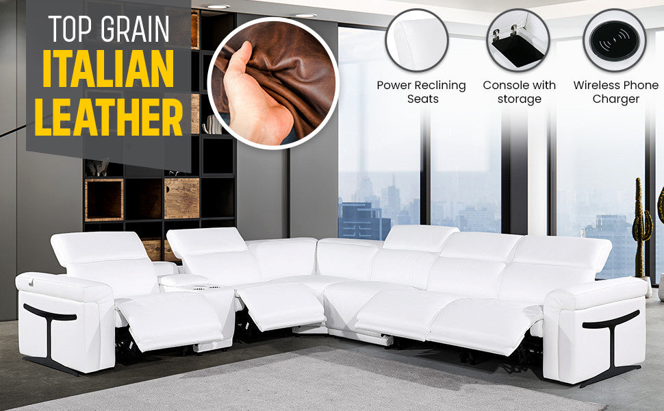 Giovanni 7-Piece 4-Power Reclining Italian Leather Sectional, Light Gray