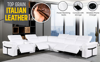 Giovanni 7-Piece 4-Power Reclining Italian Leather Sectional, Light Gray