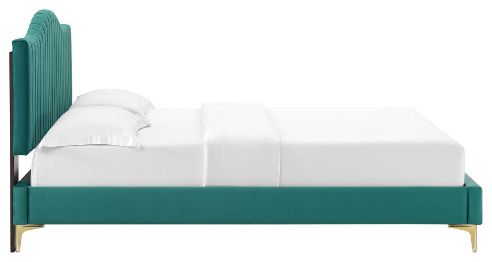 Tufted Platform Bed Frame, King Size, Velvet, Teal Blue, Modern Contemporary