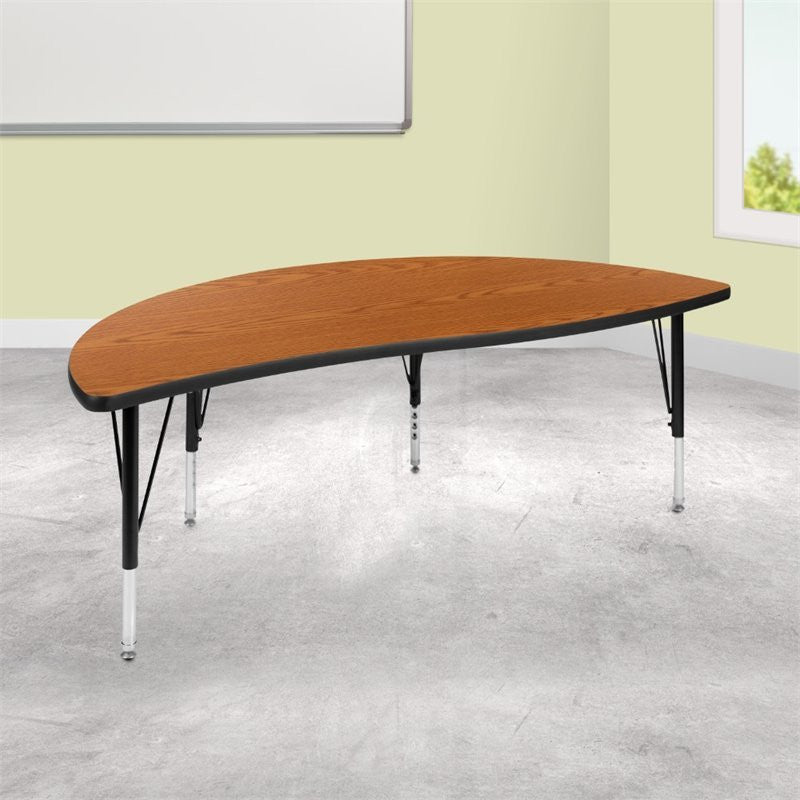 60" Half Circle Wave Activity Table- Height Adj. Short Legs, Oak