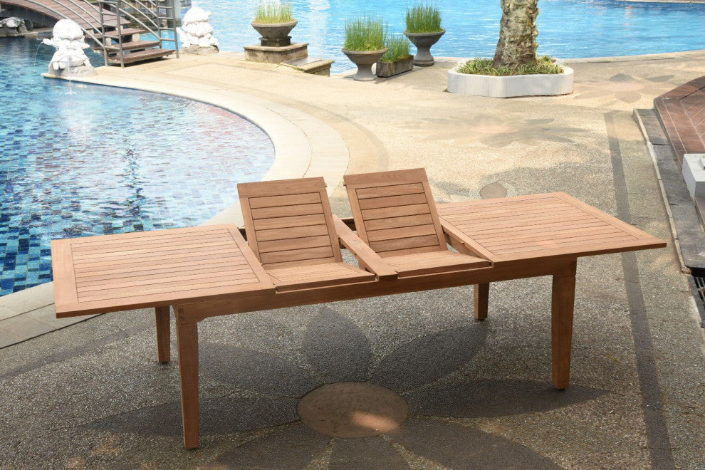 11 Piece Teak Dining Set, 122" Double Rectangle Table, 10 Nain Stacking Chairs