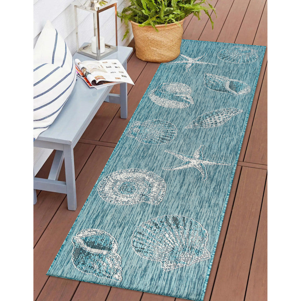 Carmel Shells Indoor/Outdoor Rug, Aqua, 1'11"x7'6" Runner