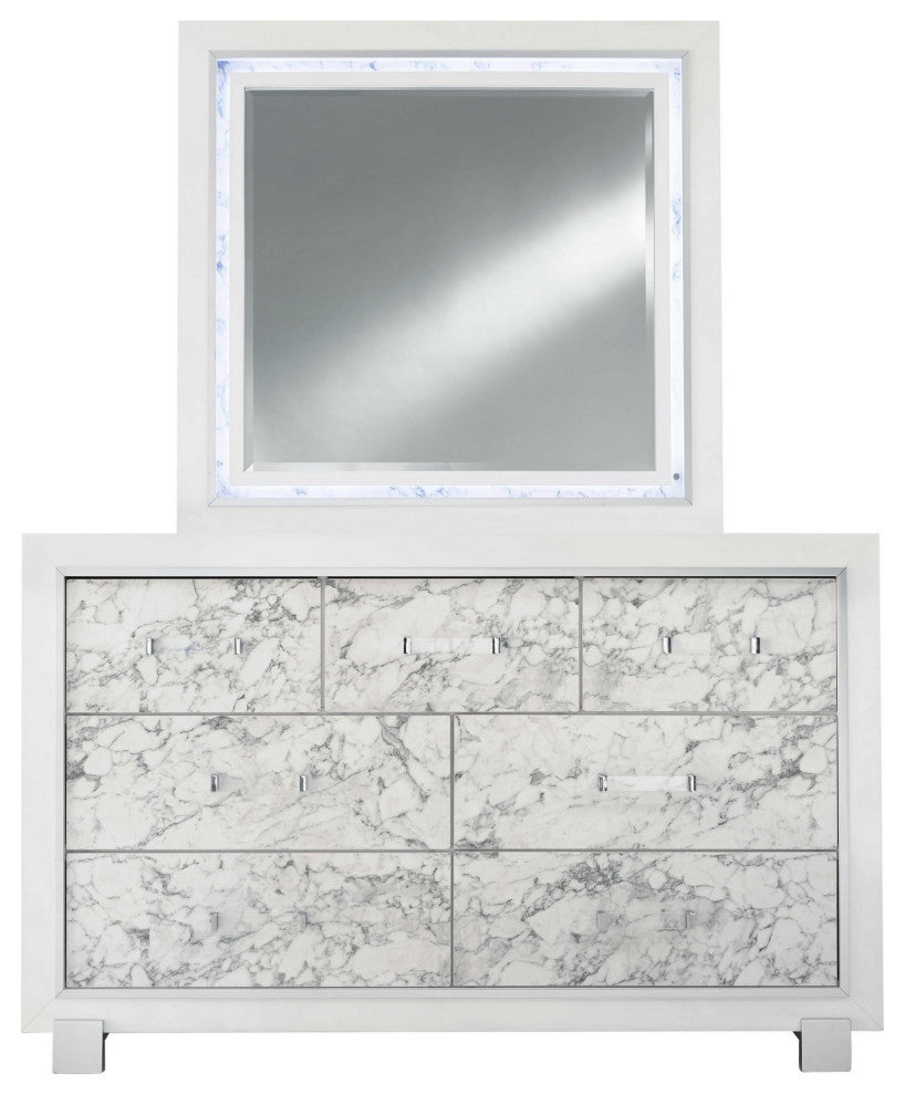 HomeRoots Modern White Mirror With Faux Marble Border Detail LED Lightning