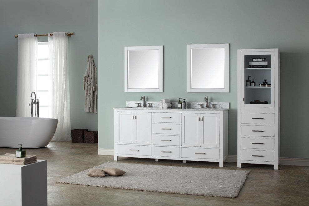 Avanity Modero 72" Double Vanity, White Finish, Carrera White Marble Top