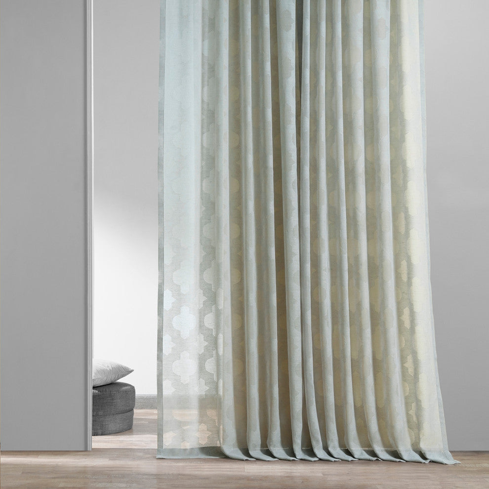 Calais Tile Patterned Linen Sheer Curtain Single Panel, Gray, 50"x84"
