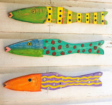 Set of 4 Recycled Wood Folk Art Fish