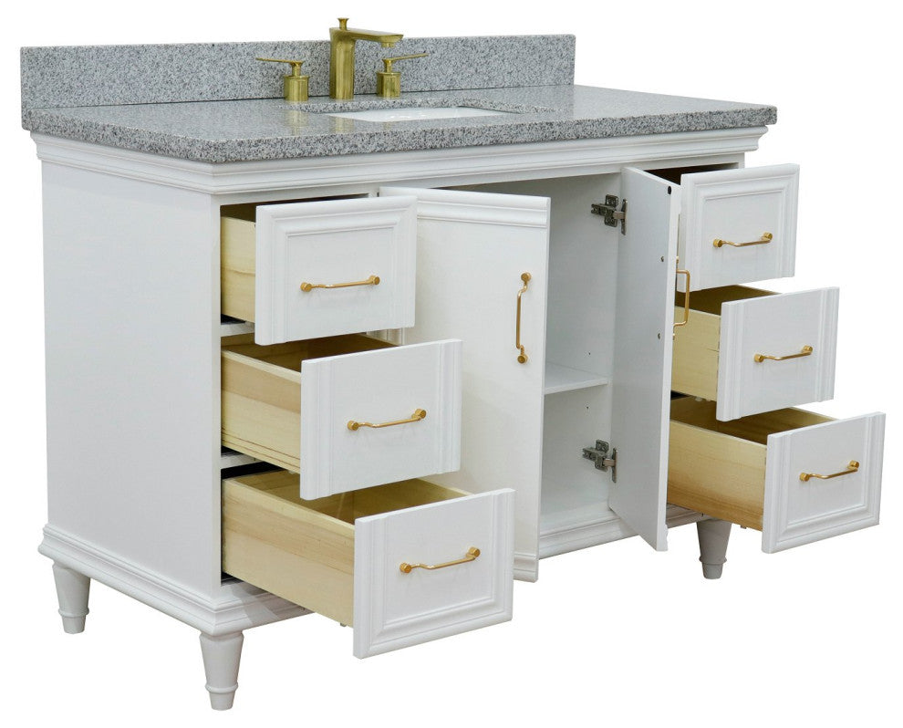49" Single Sink Vanity, White Finish With Gray Granite and Rectangle Sink