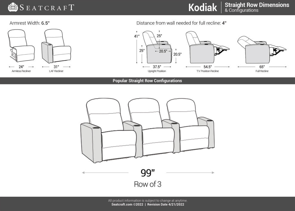 Seatcraft Kodiak Home Theater Seating, Light Gray, Row of 3