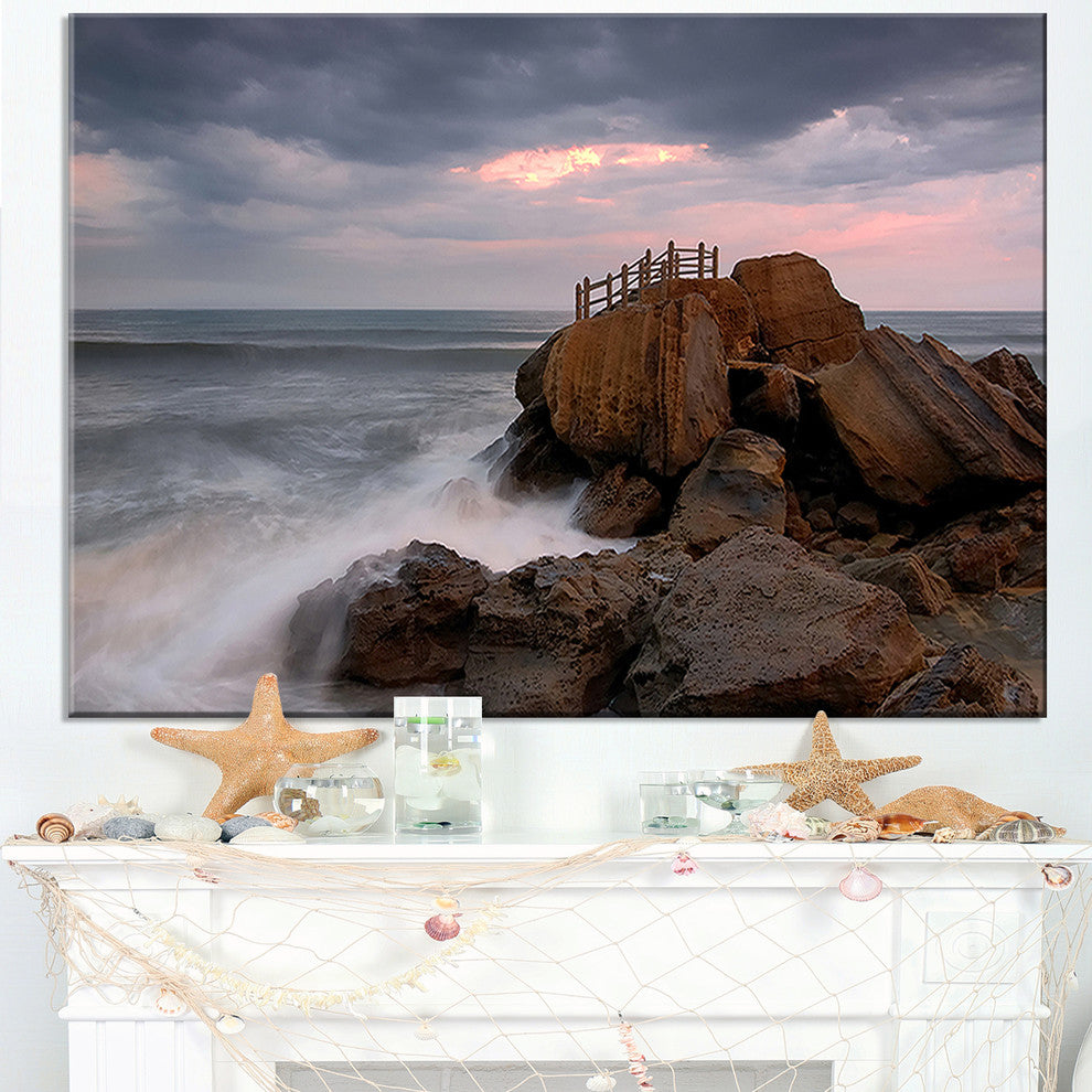 "The Fantasy Island With Large Rocks" Contemporary Seascape Art Canvas, 40"x20"