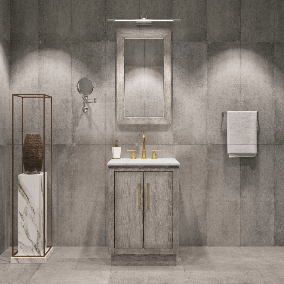 Hugo Carrara White Marble Countertop Vanity in Gray Oak, Satin Gold Hardware, 24", Vanity With Gooseneck Faucet