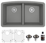 Karran Undermount Quartz 32" 50/50 Double Bowl Kitchen Sink Kit, Grey