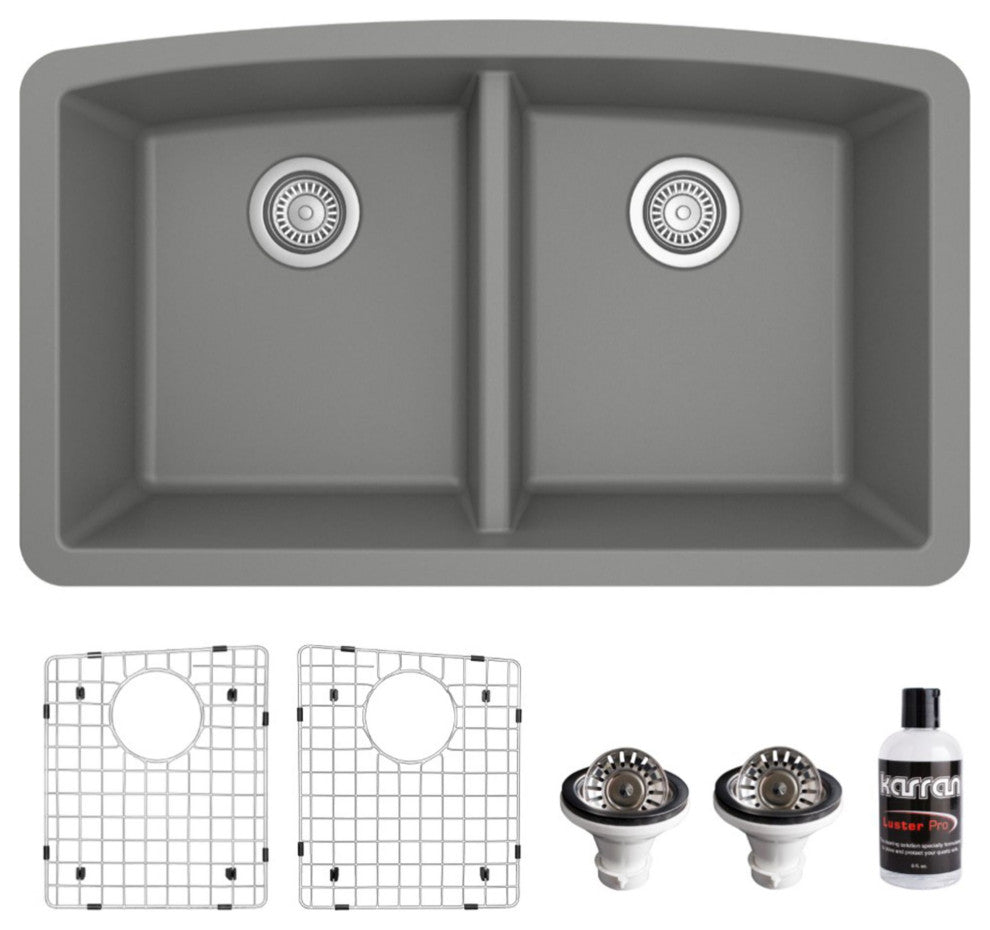 Karran Undermount Quartz 32" 50/50 Double Bowl Kitchen Sink Kit, Grey