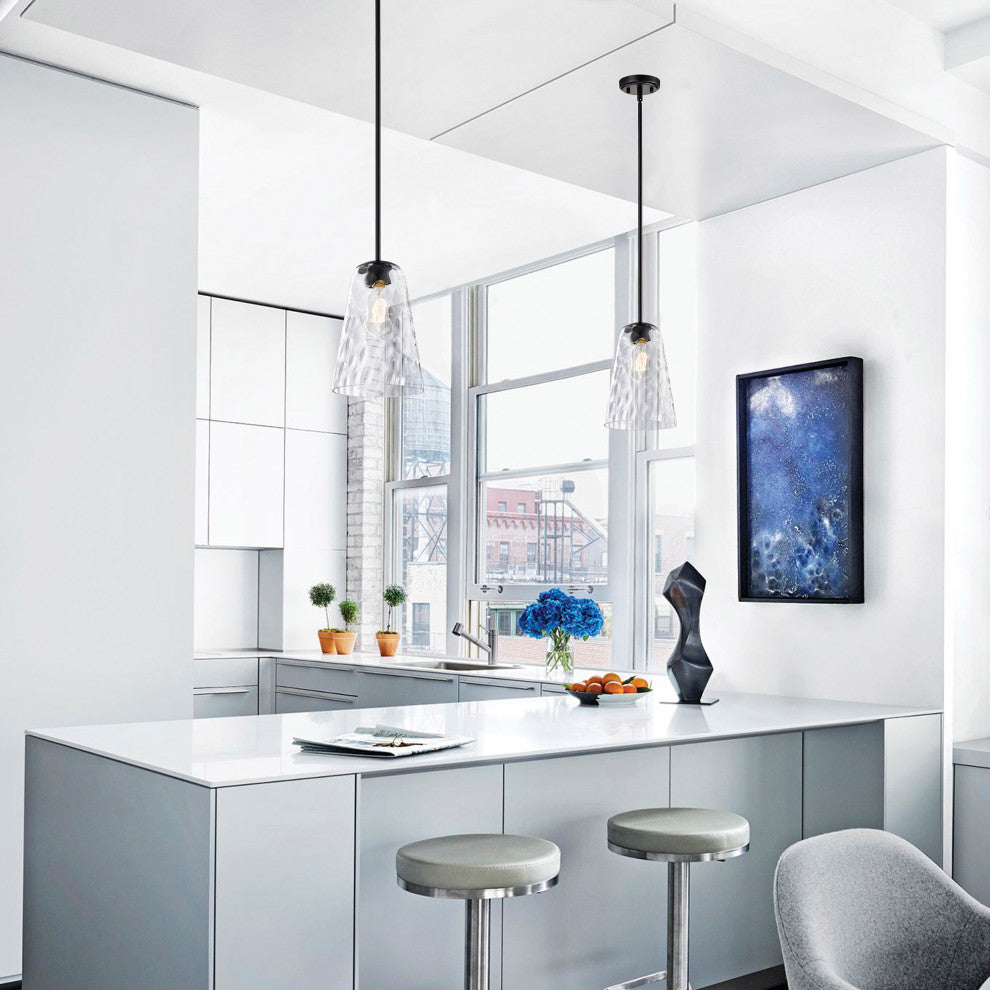 1-Light Matte Black 8 in. Mini Pendant With Hammered Glass Shade