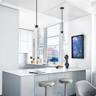 1-Light Matte Black 8 in. Mini Pendant With Hammered Glass Shade