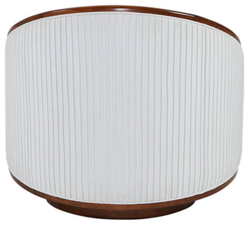 Mid Century Modern White Leather Swivel Tub Chair, Round Dark Wood Living Room