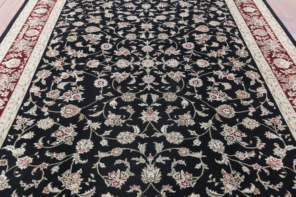 8'x10' Black Herati Design Floral Wool & Silk Tabriz Hand Knotted Area Rug H8798