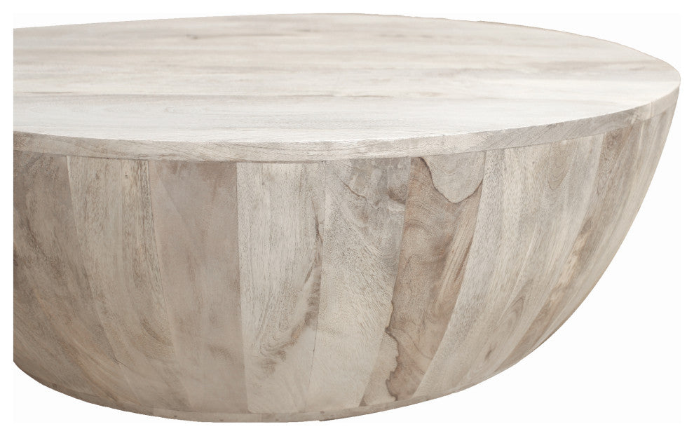 Distressed Mango Wood Coffee Table, Round Shape, Washed Light Brown