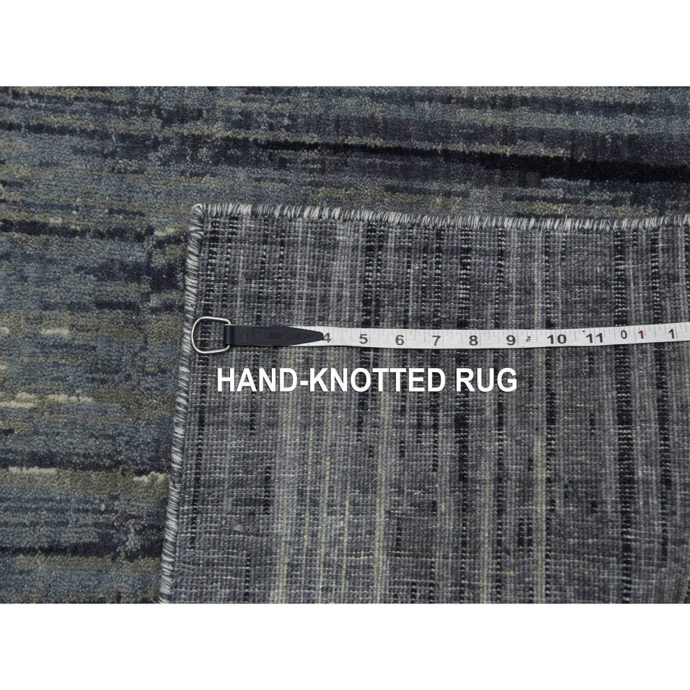 Gray and Blue Pure Wool Hand Knotted Modern Ombre Design Runner Rug, 2'6"x10'2"