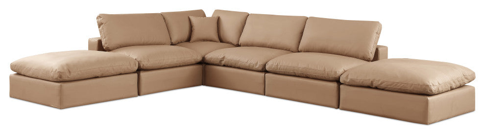 Comfy Upholstered L-Shaped Modular Sectional, Tan, 6-Piece: 3 Armless Chair, 1 Corner Chair, 2 Ottoman, Vegan Leather