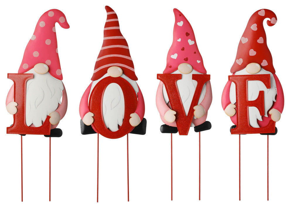 24" Metal Valentine's Love Gnome Yard Stake/Hanging Sign, 4-Piece Set