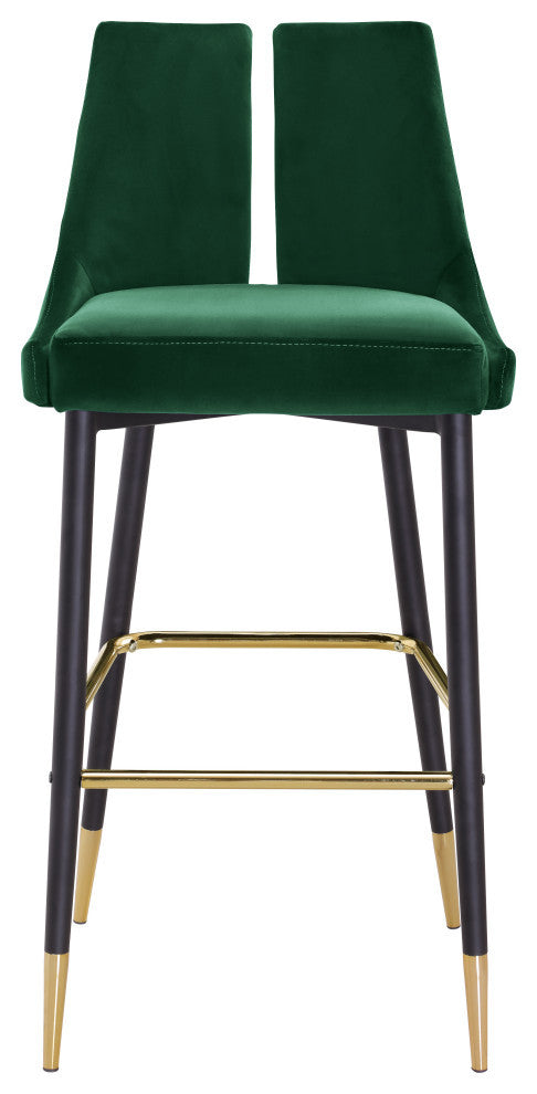 Sleek Velvet Upholstered Bar Stools With Matte Black Metal Legs, Set of 2, Green