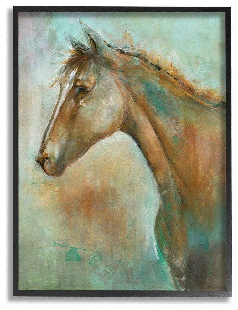 Horse Portrait Green Brown Animal Painting, 16"x20", Black Frame