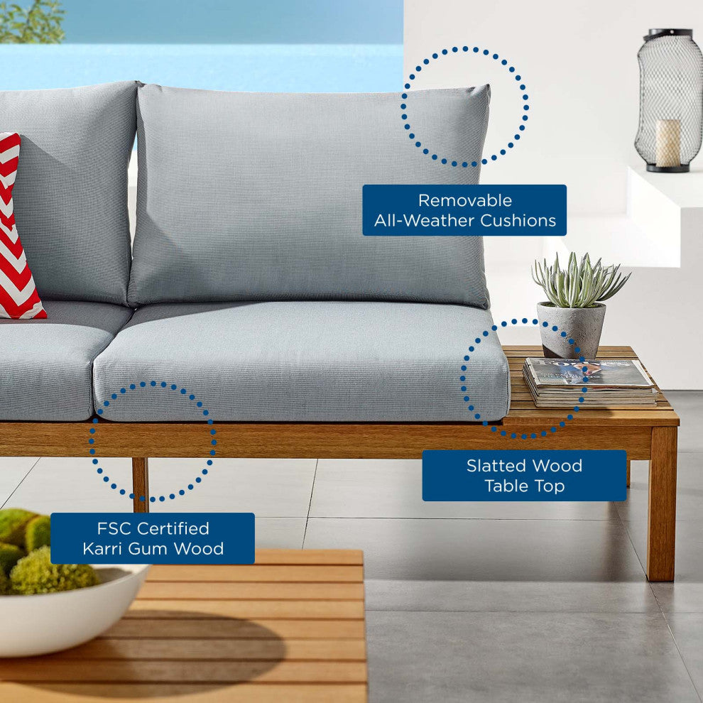 Lounge Loveseat Sofa, Wood, Brown Natural Blue, Modern, Outdoor Patio Bistro