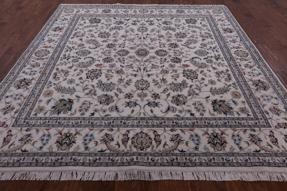 8' Square Wool and Silk Persian Nain Hand Knotted Rug Q9340
