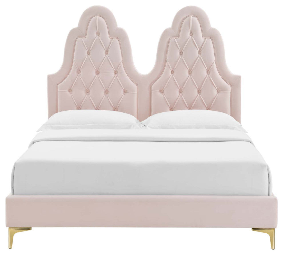 Tufted Platform Bed Frame, Queen Size, Velvet, Pink, Modern Contemporary
