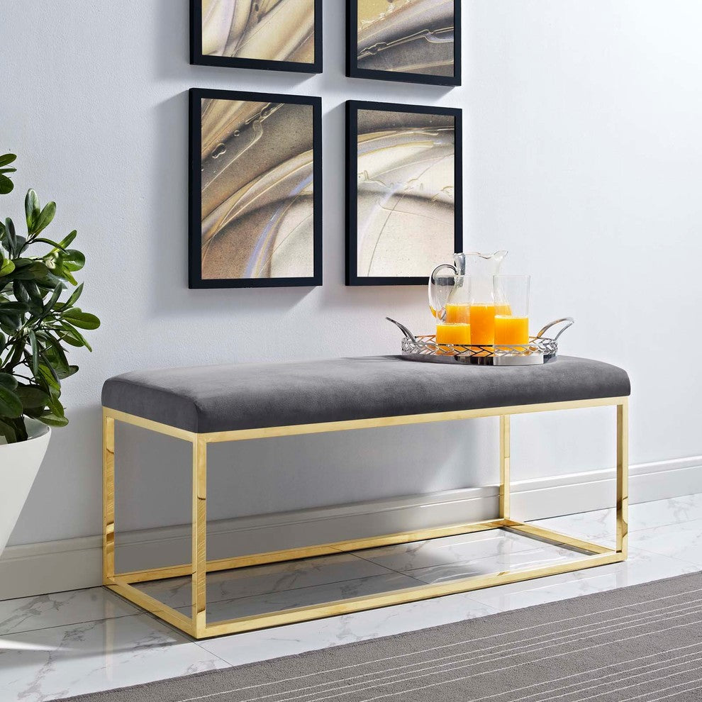 Anticipate Velvet Bench, Gold Gray