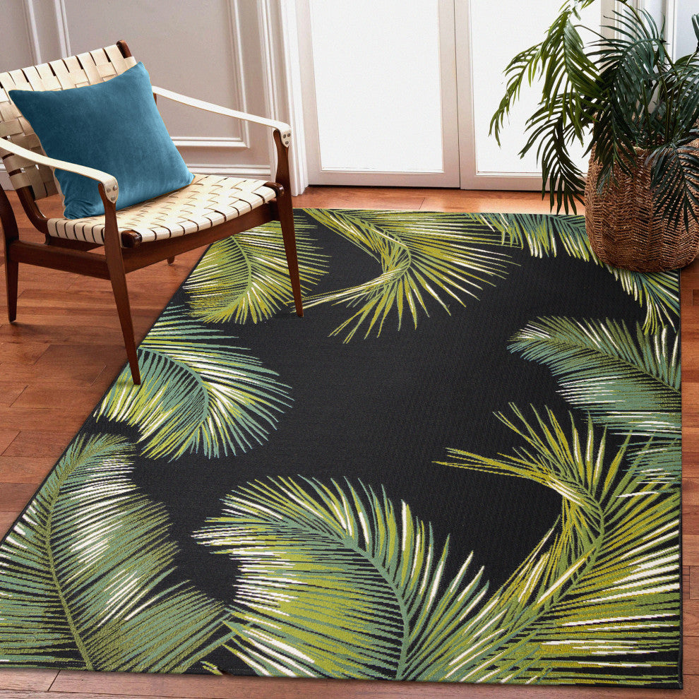 Marina Palm Border Indoor/Outdoor Rug, Black, 4'10"x7'6"