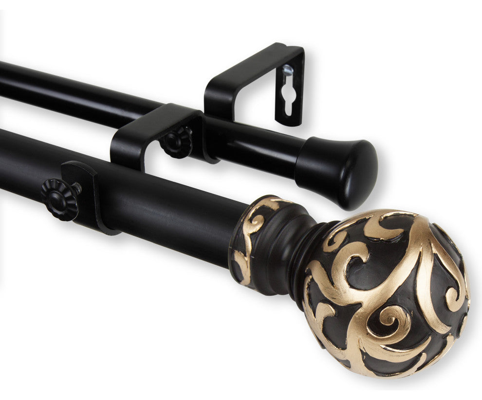 Swirl 1" Double Curtain Rod, Black, 120"-170"