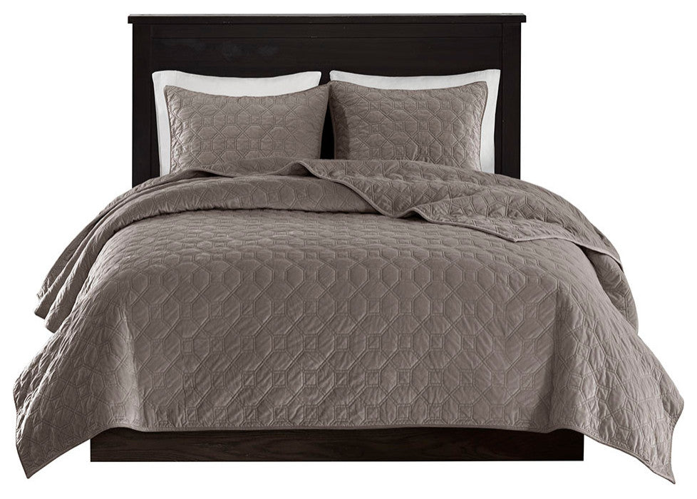 Madison Park Harper 3 Piece Velvet Quilt Set, Taupe