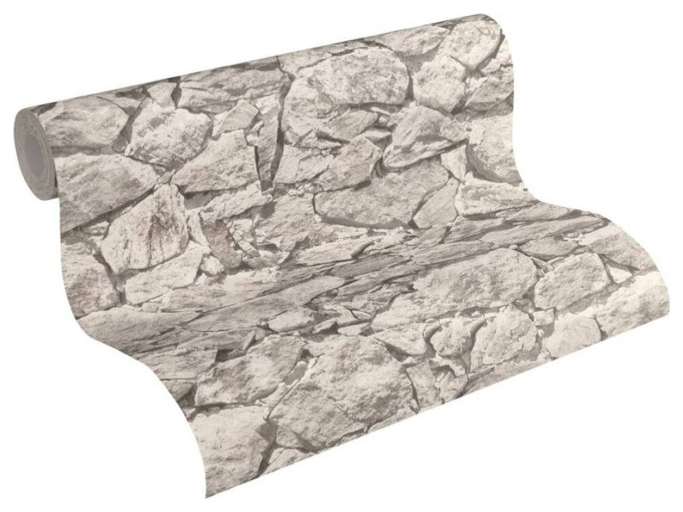 Faux Textured Wallpaper, Stones, Beige Gray, One Roll