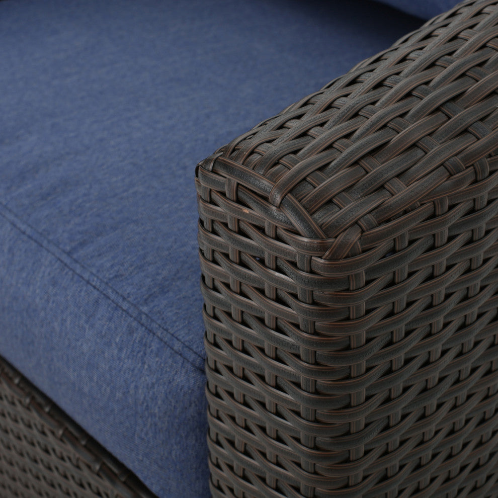 GDF Studio Dillard Outdoor Mix Brown Wicker Swivel Club Chair, Navy Blue, Set of 4