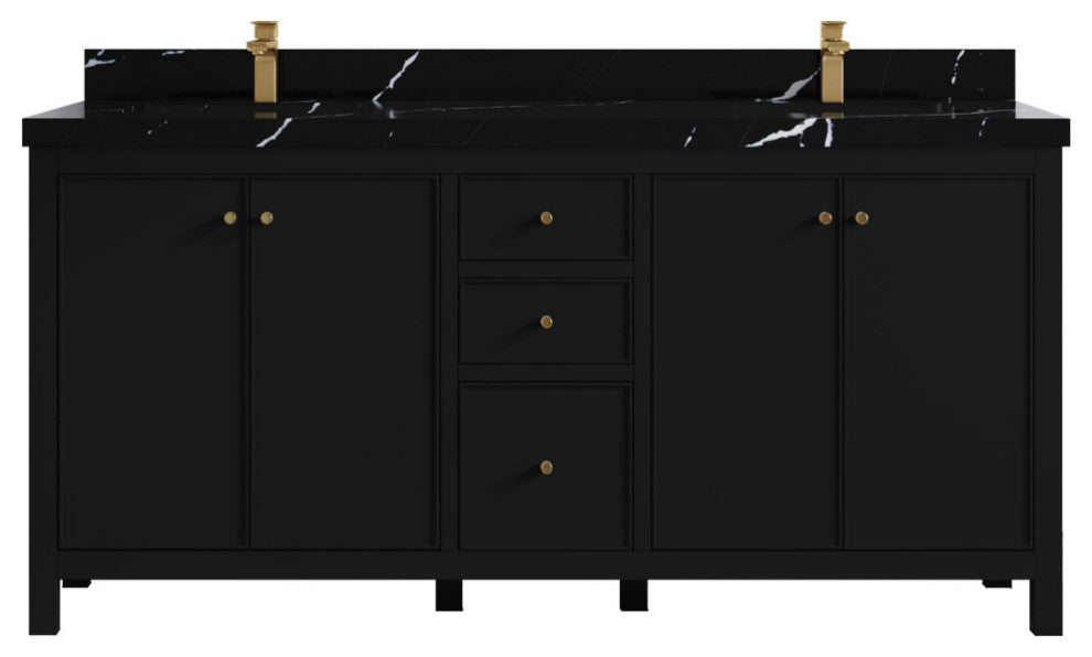 Chicago 72" Double Sink Bathroom Vanity, Black 2" Calacatta Black