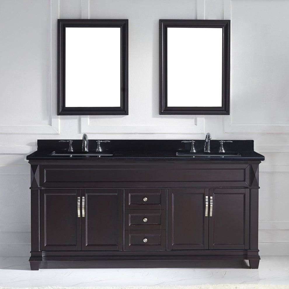 Virtu Victoria 72" Double Bathroom Vanity, Espresso With Faucet and Mirrors
