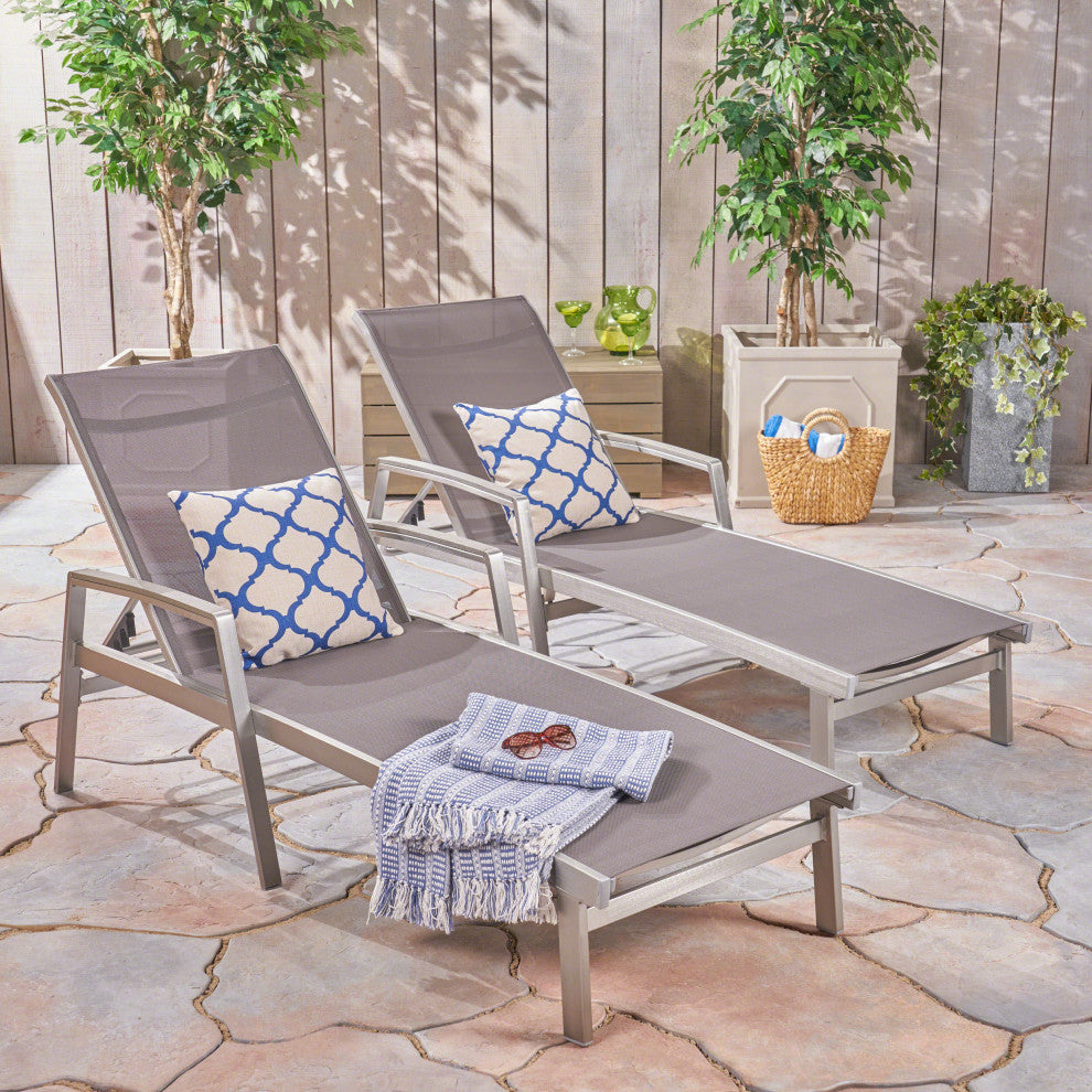 GDF Studio Outdoor Mesh and Aluminum Chaise Lounge, Gray, Set of 2