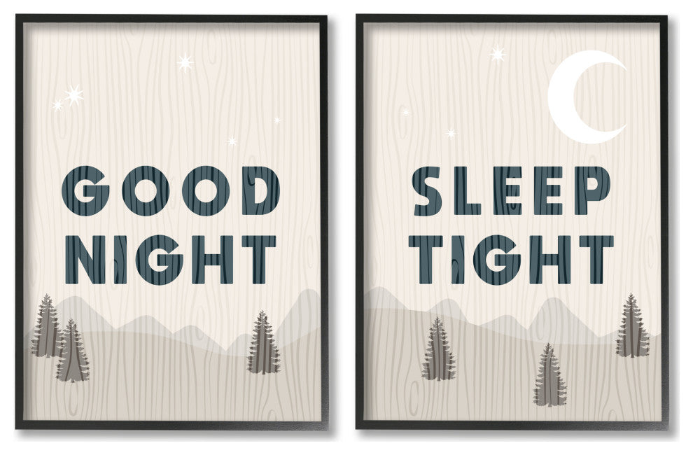 Good Night Sleep Tight Phrase Mountain Landscape Illustration, 2pc, each 16 x 20