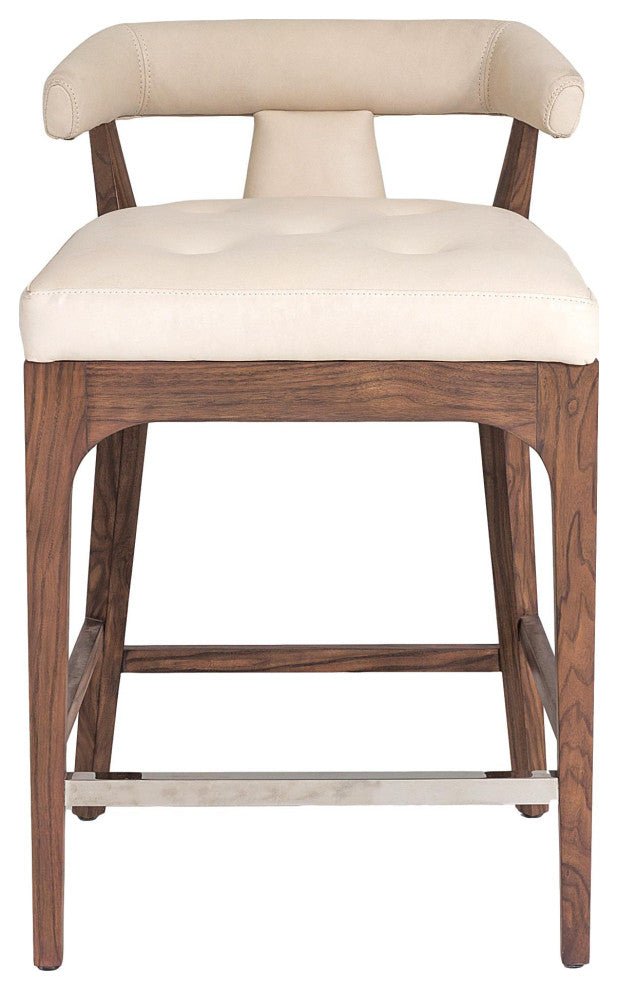 Luxe Sleek Contemporary Ivory Leather Bar Stool 32" Open T Back Walnut Wood