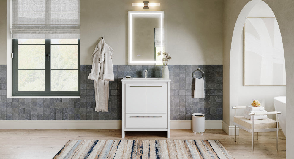 Esconde Bath Vanity, High Gloss White, 30", Single Sink, Freestanding