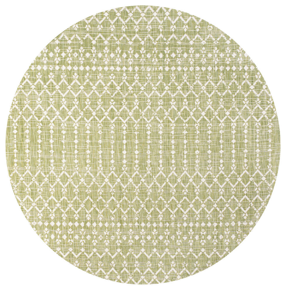 Ourika Moroccan Geometric Indoor/Outdoor Rug, Light Green/Cream, 5' Round