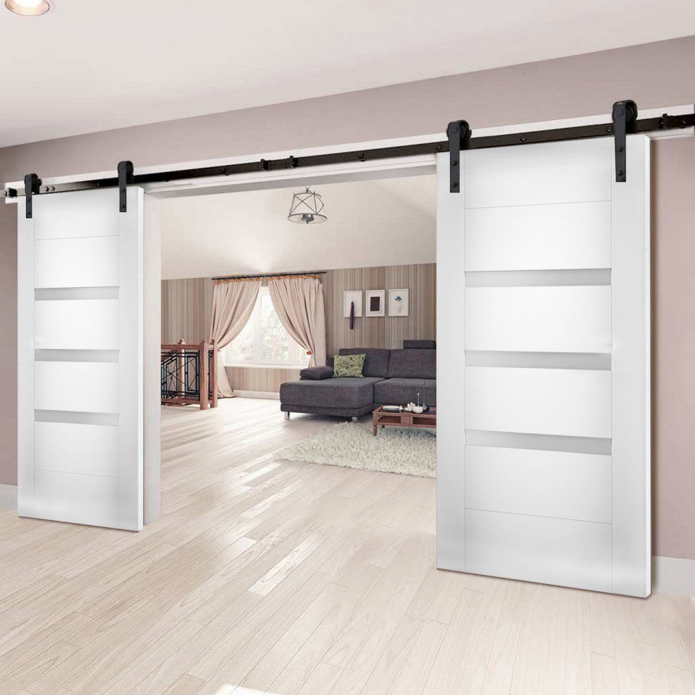 Double Barn Doors Opaque Glass / Sete 6900 White Silk / 13FT Rail, 36" X 84" ( 2* 18x84)