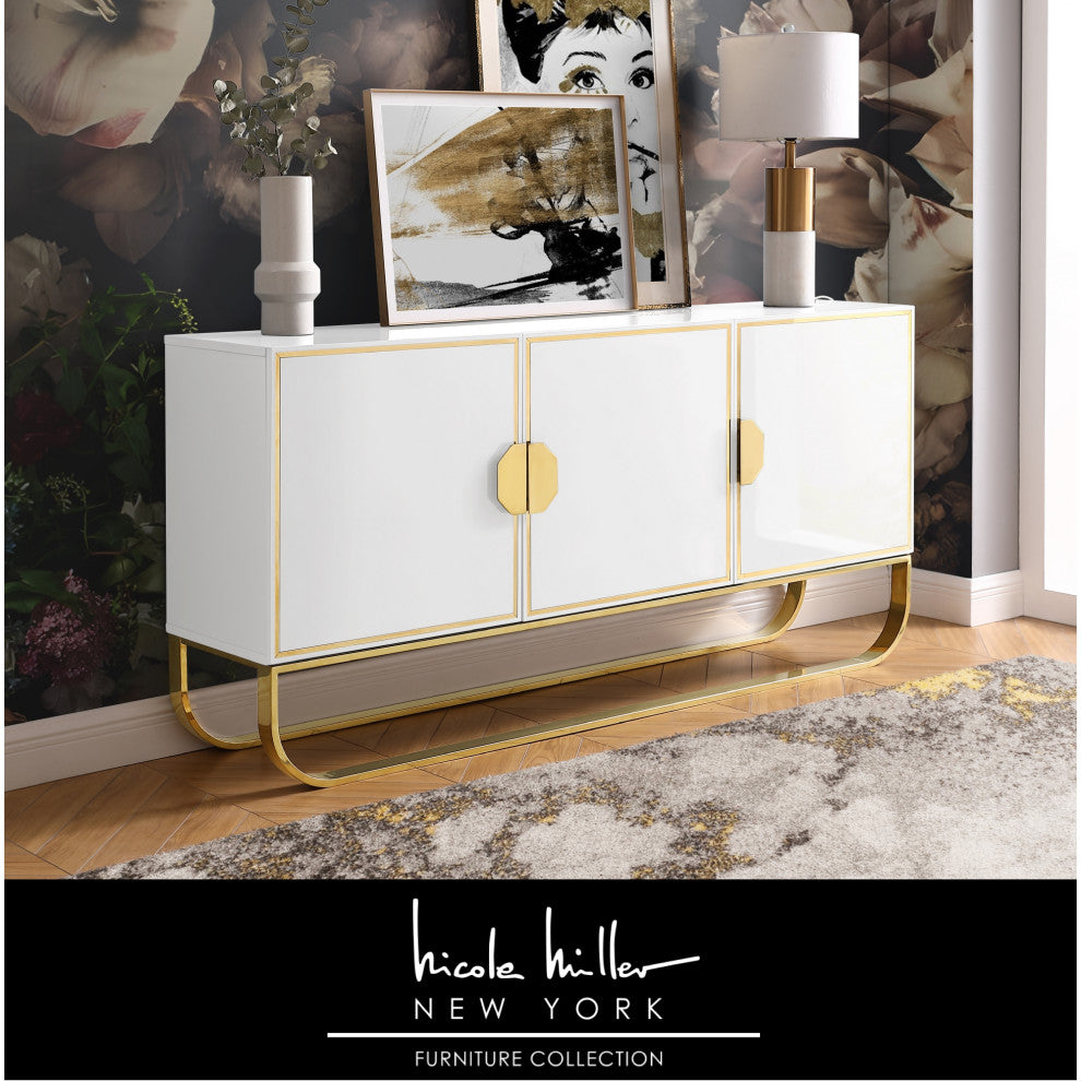 Nicole Miller Jacelynn Sideboard, White/Gold, 3-Door
